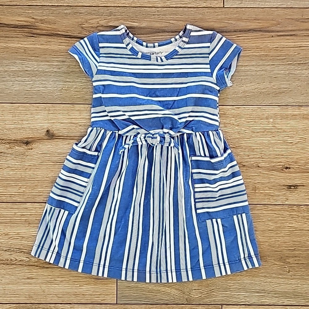 Carter's Girls Blue White Striped 100% Cotton Dress Pockets Casual 18mo Toddler